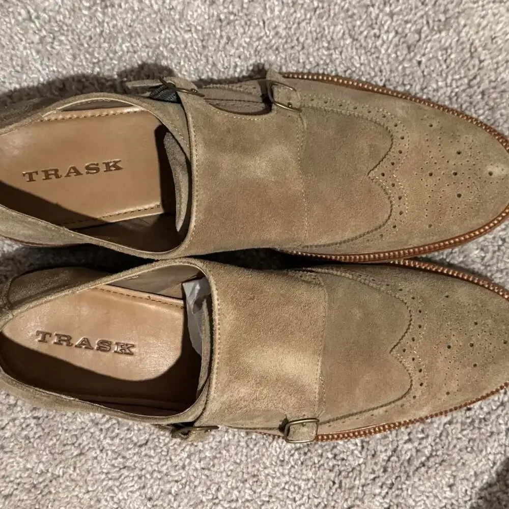 Trask Suede Double Monk Strap Wingtip Shoes